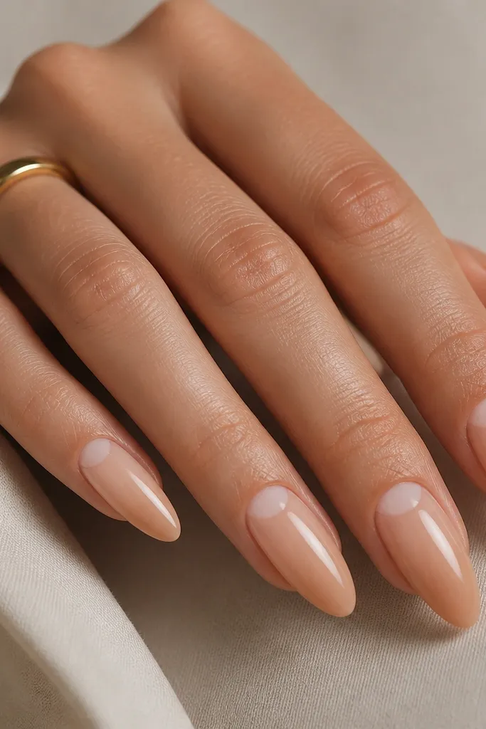 Almond nude nails with a soft nude ombre fading from sheer cuticle to slightly deeper nude at the tip. A clear half-moon negative space sits at the cuticle center, with a smooth, sharp edge.