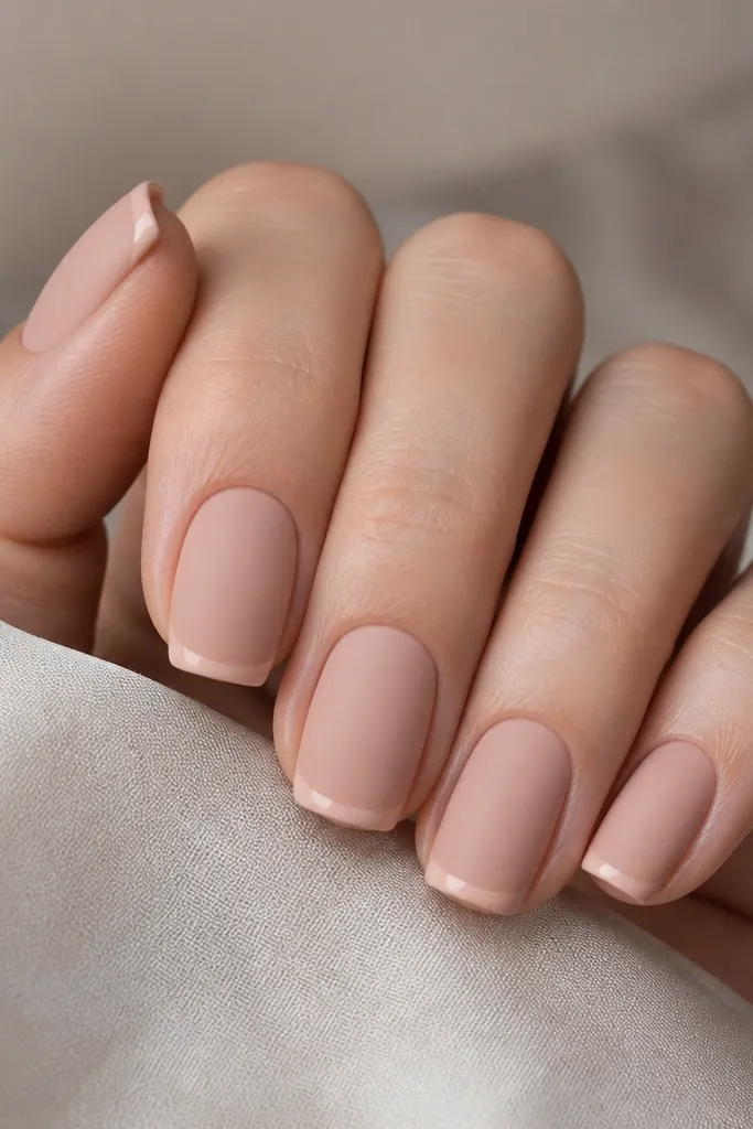 Squoval nails with a matte nude finish across the entire nail. The very tip has a glossy micro French line, thin and clean, giving a sharp contrast between matte body and shiny edge.