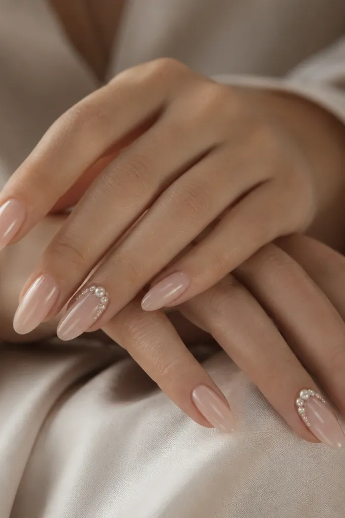 Long almond nude nails in a very sheer blush nude. Two accent nails have small pearl beads clustered near the cuticle and along one side, with the rest of the nails plain glossy nude.