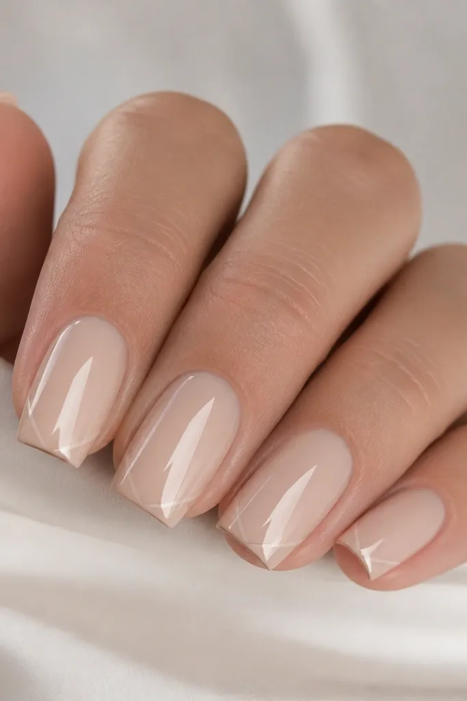 Soft square nude nails in a beige nude tone with a small V-shaped clear gap at the very tip, creating a sharp, geometric highlight. Nails are glossy with clean edges.