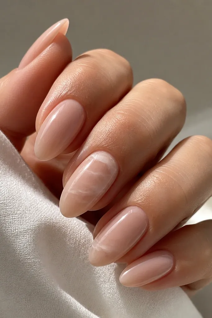 Almond nude nails with a soft marble fade in the base - mostly sheer nude with a faint, milky white vein running diagonally across one or two accent nails. Other nails stay plain glossy nude.