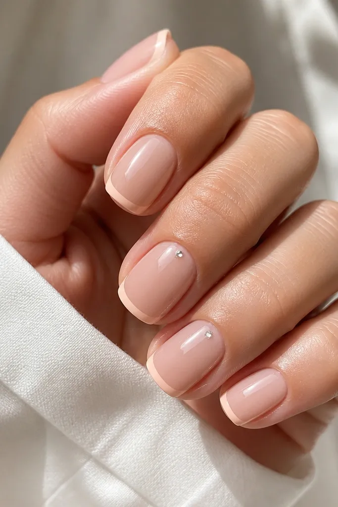 Soft square nude nails with a very thin classic French tip in a slightly deeper nude. One accent nail has a single tiny rhinestone placed at the cuticle center, with the rest plain glossy nude.
