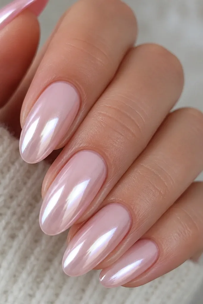 Close-up of glossy almond nails in a milky light pink. A smooth silver chrome glaze sits across the center, brighter near the tip, with a clean cuticle edge and sharp sidewall lines.