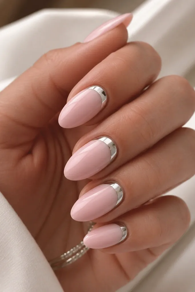 Almond nails in blush pink. A neat half-moon of silver chrome sits at the cuticle area, shaped like a crescent, while the rest of the nail stays glossy pink.