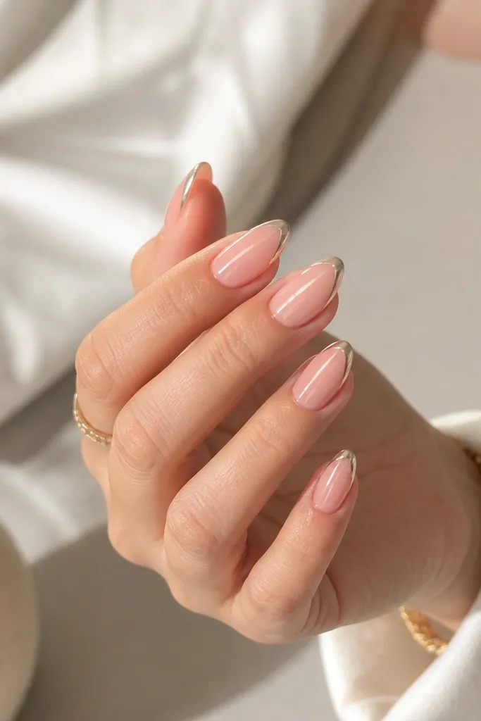 Peachy blush almond nails with a thin mirrored chrome French line at the tip. The base is soft peach-pink, and the chrome tip line looks crisp and reflective.