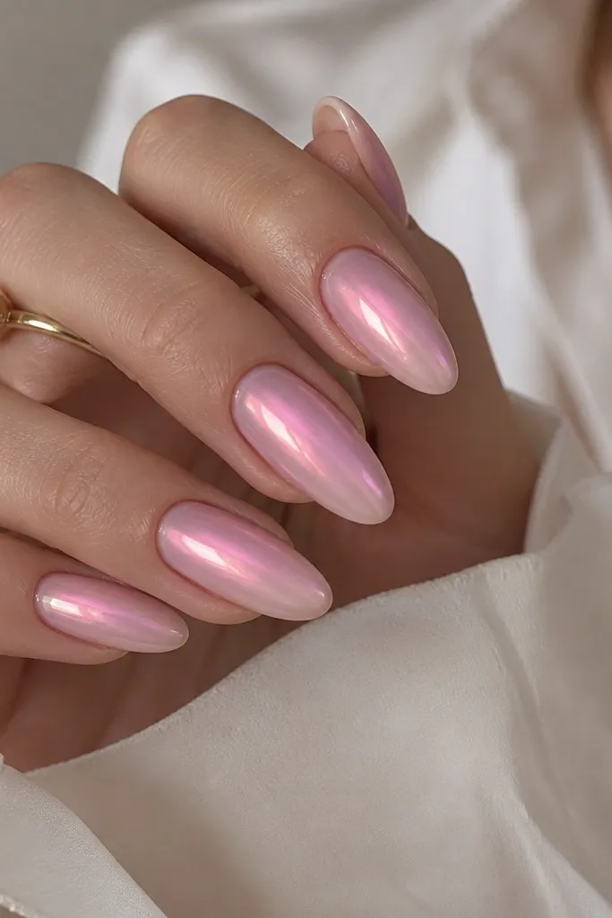 Almond nails with a soft pink base and an aura effect. A brighter chrome glow sits around the mid-nail area, fading outward into the pink so it looks like a halo.