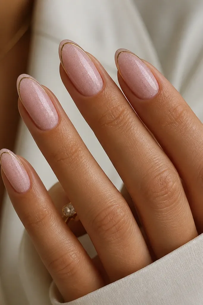 Almond nails with a glossy light pink base sprinkled with ultra-fine micro glitter. There's a thin chrome line only along the outer edge near the tip.