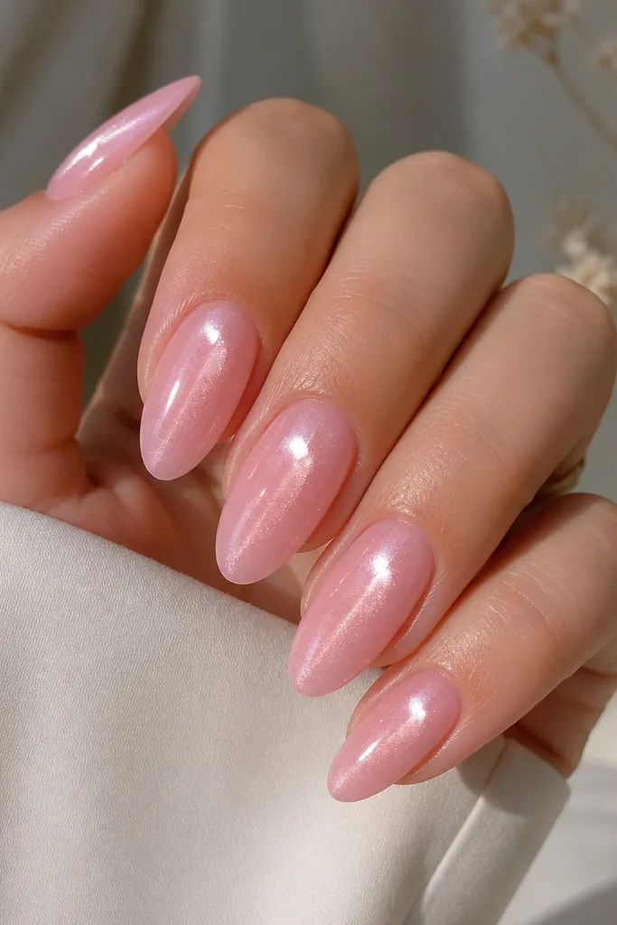 Almond nails in light pink with a subtle cat-eye effect. Each nail has a brighter chrome dot near the center, with a soft magnetic shimmer streaking toward the tip.
