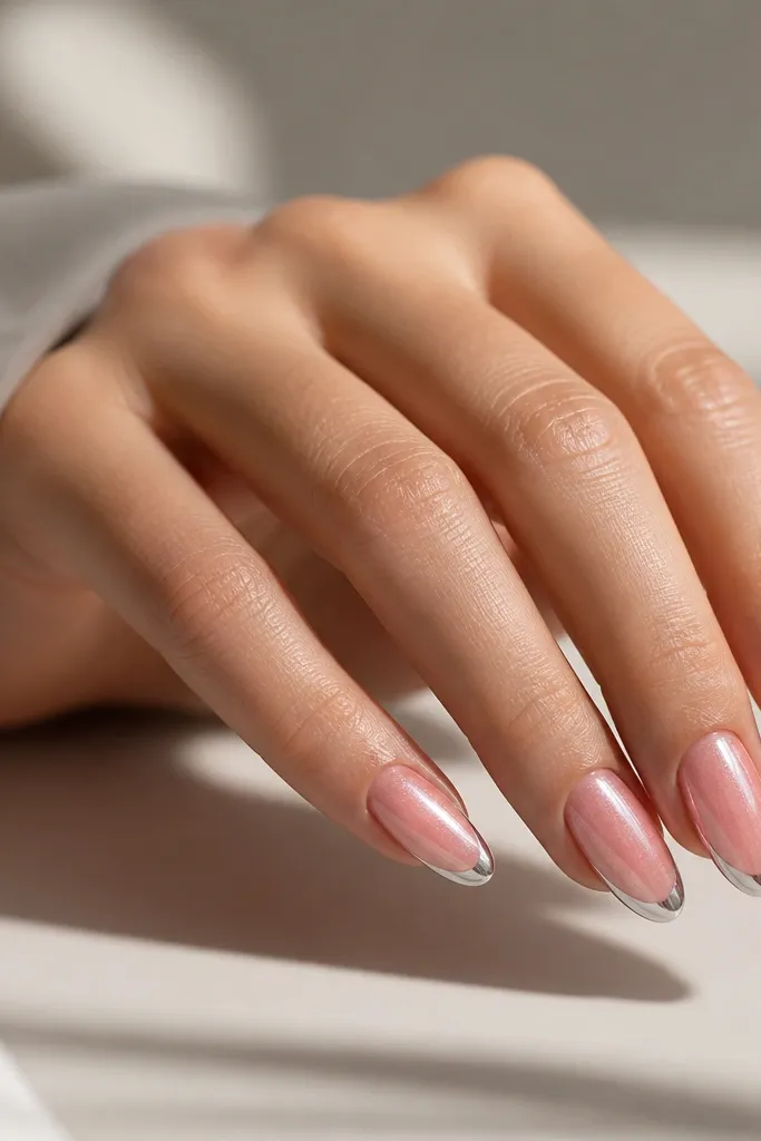 Almond nails with a jelly-like light pink base that shows a soft internal shimmer. The tip is capped with a mirror chrome layer shaped like a thin cap.