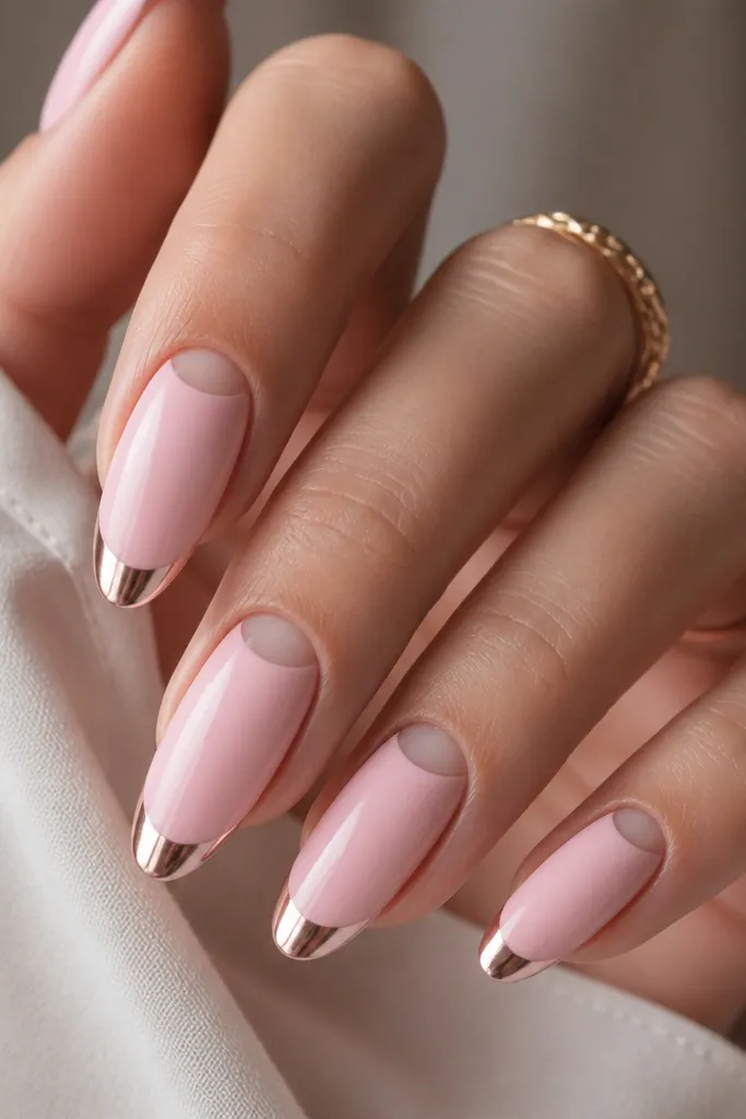 Powder pink almond nails with a small negative-space half-moon near the cuticle (bare nail shows through). Chrome is applied only to the very tip area, leaving a clear break between crescent and tip.