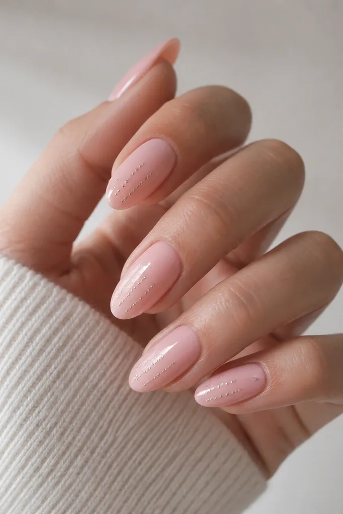 Light pink almond nails with a glossy finish. Tiny silver chrome dots form a loose vertical matrix from mid-nail to tip, leaving lots of clean pink space.