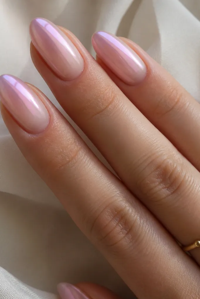 Almond nails with a light pink base. Chrome fades in from one side toward the center, creating a side ombre glow, with a smooth glossy finish.