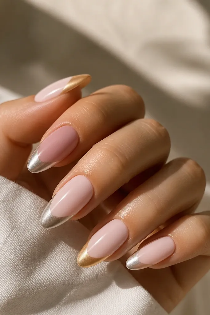Almond nails in light pink. A chrome glaze near the tip is split into two tones: silver on one side and gold on the other, both glossy and blended at the center.
