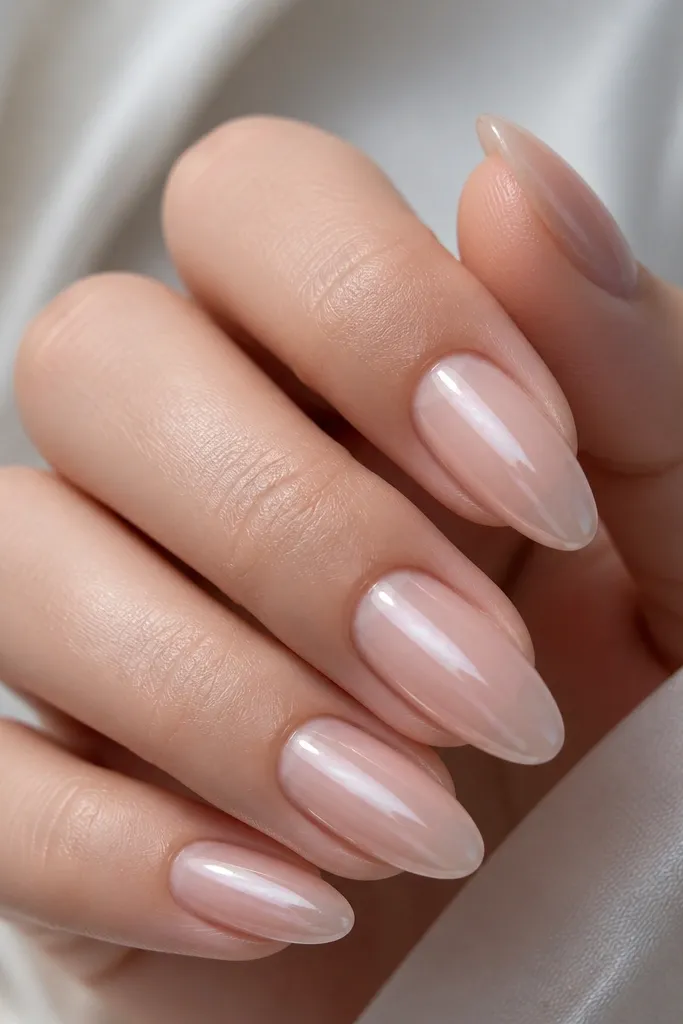 Very sheer barely-there pink almond nails. There's a subtle chrome "ghost" effect - a faint silver glow near the center that fades out, with a super glossy clear overcoat finish.