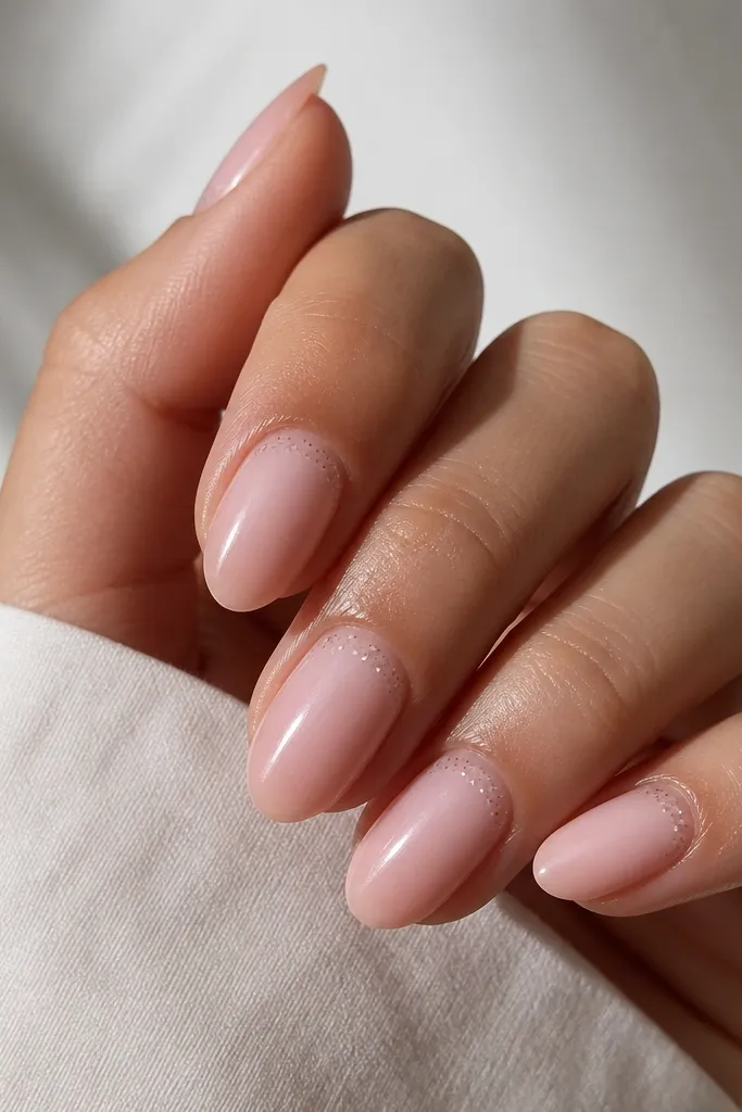 A hand with short pink almond nails. Each nail has a sheer blush base that is lightest down the center. Near the cuticle line there are tiny micro dots forming a loose halo, and the rest of the nail is mostly clear-pink with a glossy finish.