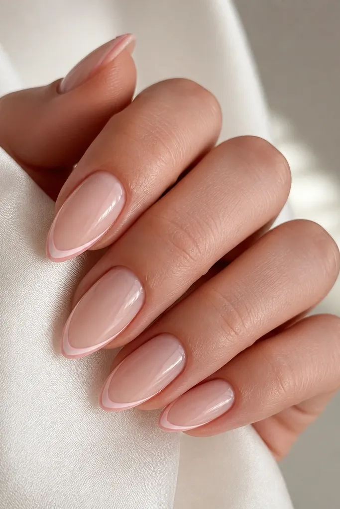 Pink almond nails with a very thin French outline. There are two close lines at the tip: an outer line in blush pink and an inner line in milky pink, with the rest of the nail sheer nude-pink and glossy.