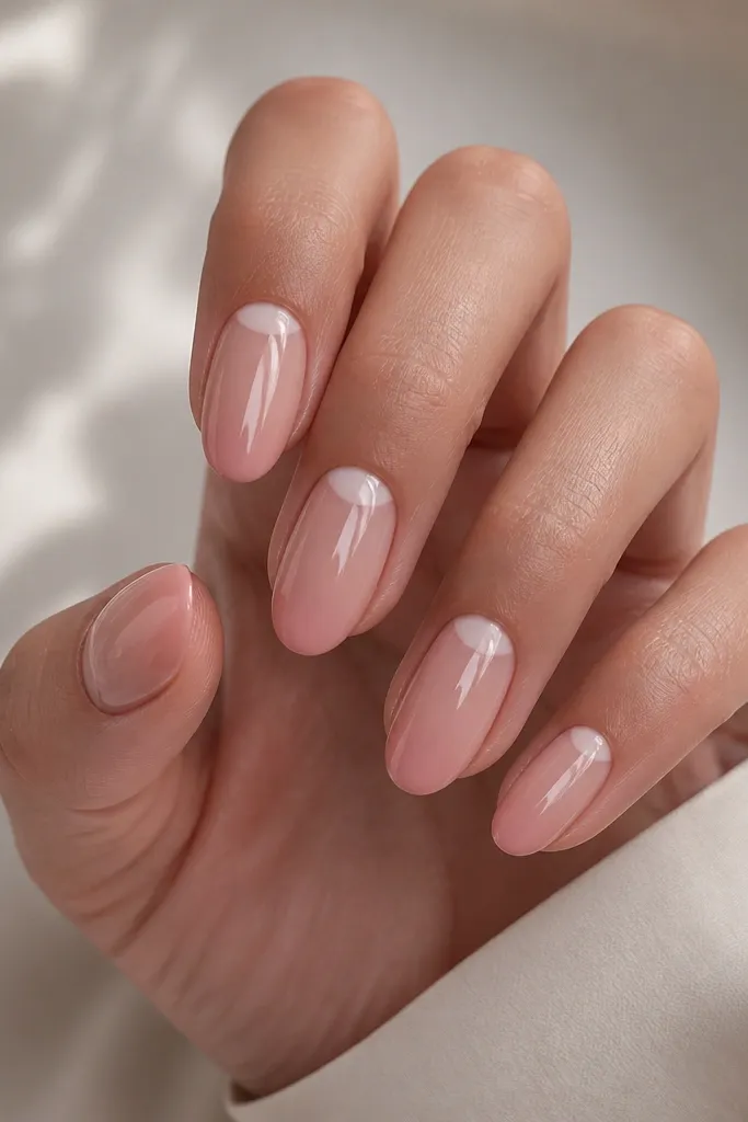 Short almond nails in pink tone with a reverse French near the cuticle. The cuticle area has a milky pink arc, while the center of the nail stays more sheer/clear, and the tips are plain glossy pink.