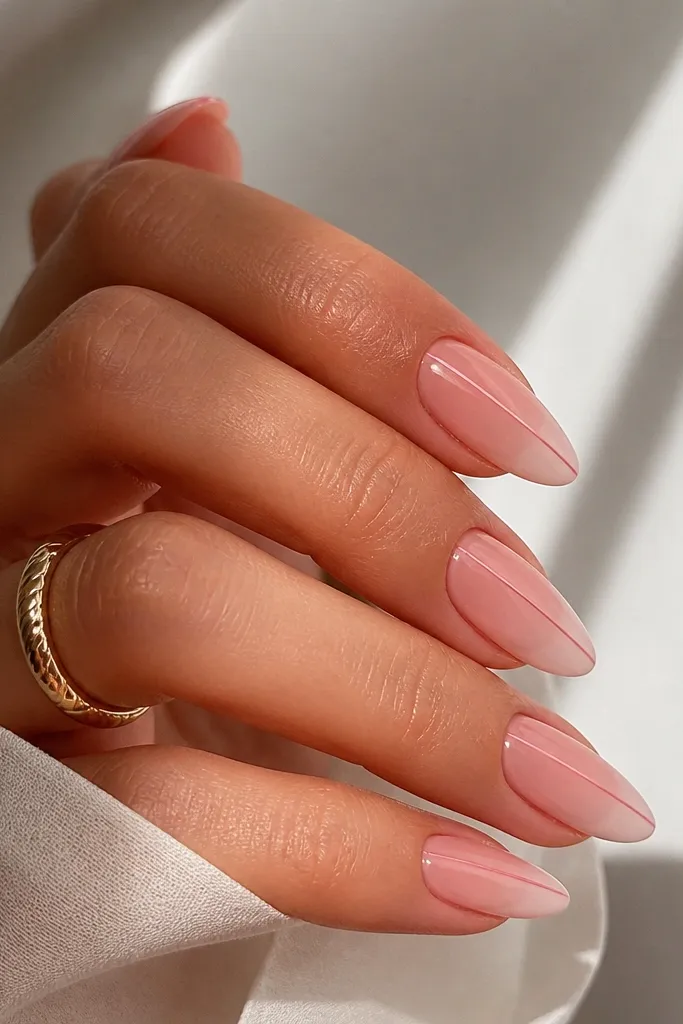 Pink almond nails with a soft ombré: deeper blush near the base that fades lighter toward the tip. A razor-thin darker pink line runs vertically down the center like a stripe, and everything is glossy.