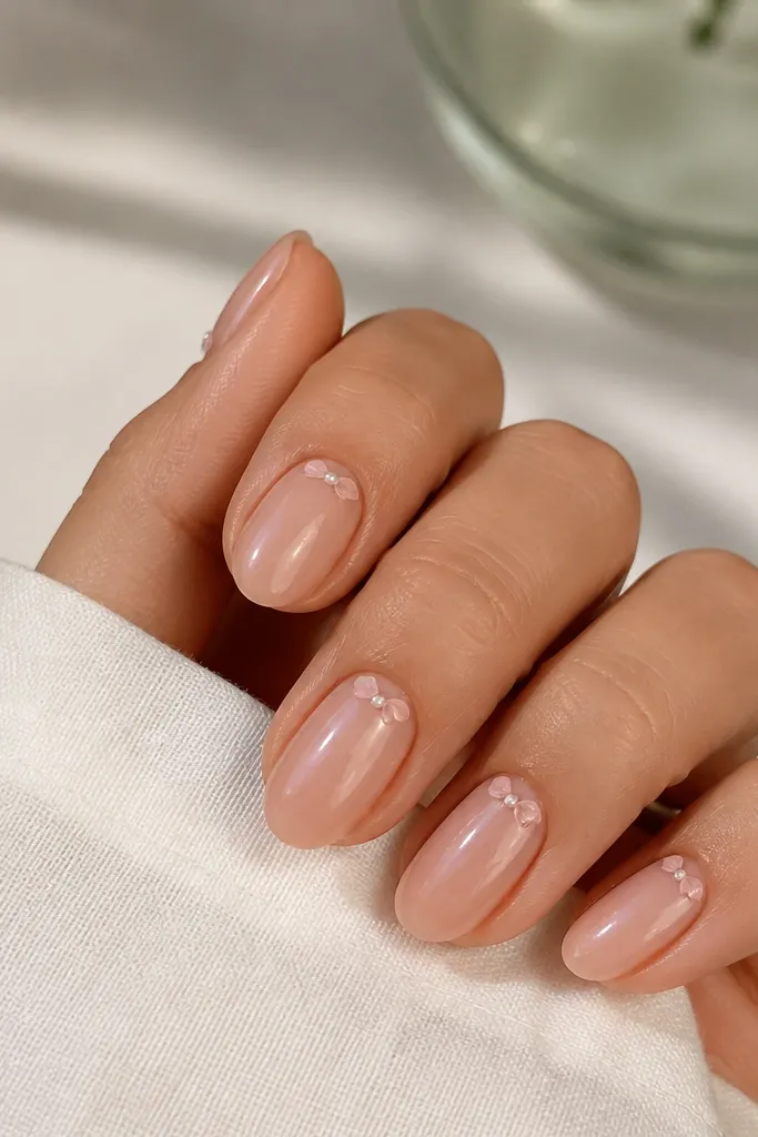 Short almond nails with a sheer nude-pink base. At each cuticle, there's a tiny bow tie made from two slim pink pieces with a minuscule dot in the middle, and the nails are glossy.