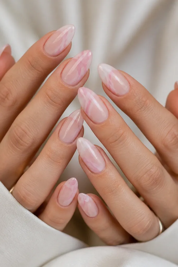 Pink almond nails with a milky sheer base. In the upper third there are thin, wispy marble veins in slightly darker blush and a hint of white, all with a glossy finish.