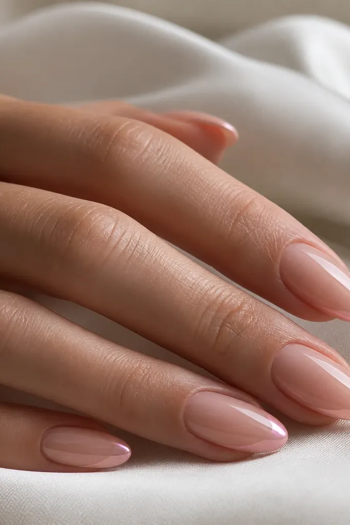 Short pink almond nails with a sheer blush base. Only the very tips have a glazed chrome layer in pale pink, with a smooth reflective shine that stops cleanly before the mid-nail line.