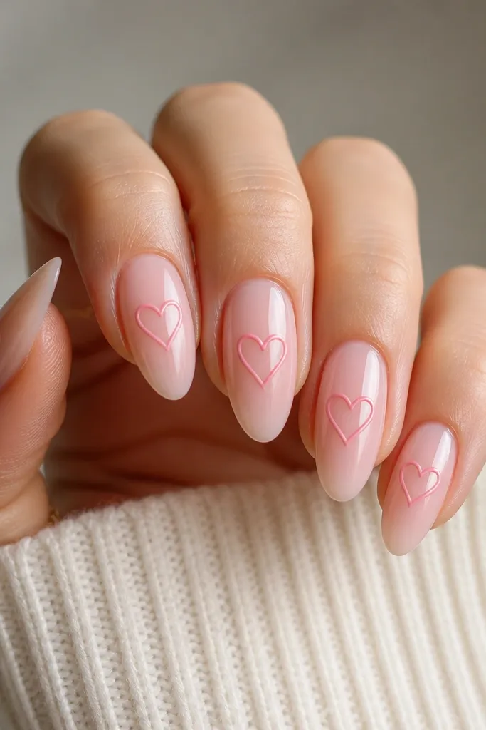 Pink almond nails with a sheer nude-pink base. In the center of each nail, there's a tiny heart outline made from a darker pink line, with the heart interior left slightly negative/clear, and the rest is glossy.