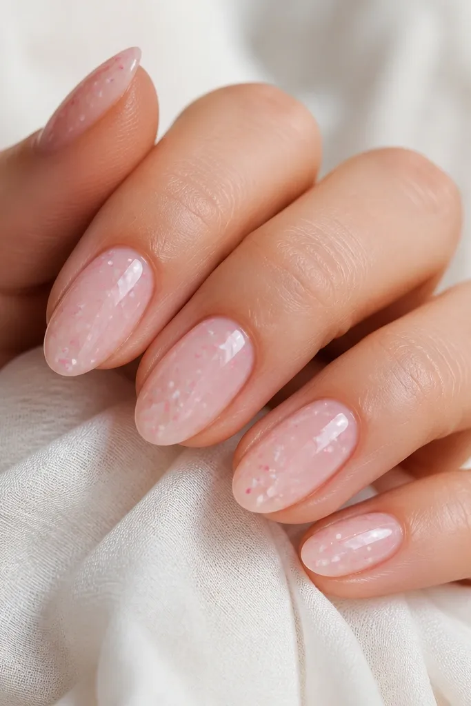 Short almond nails with a sheer pink base and scattered tiny confetti specks. The specks are light pink and white, suspended under a glossy topcoat, with a smooth glassy finish.