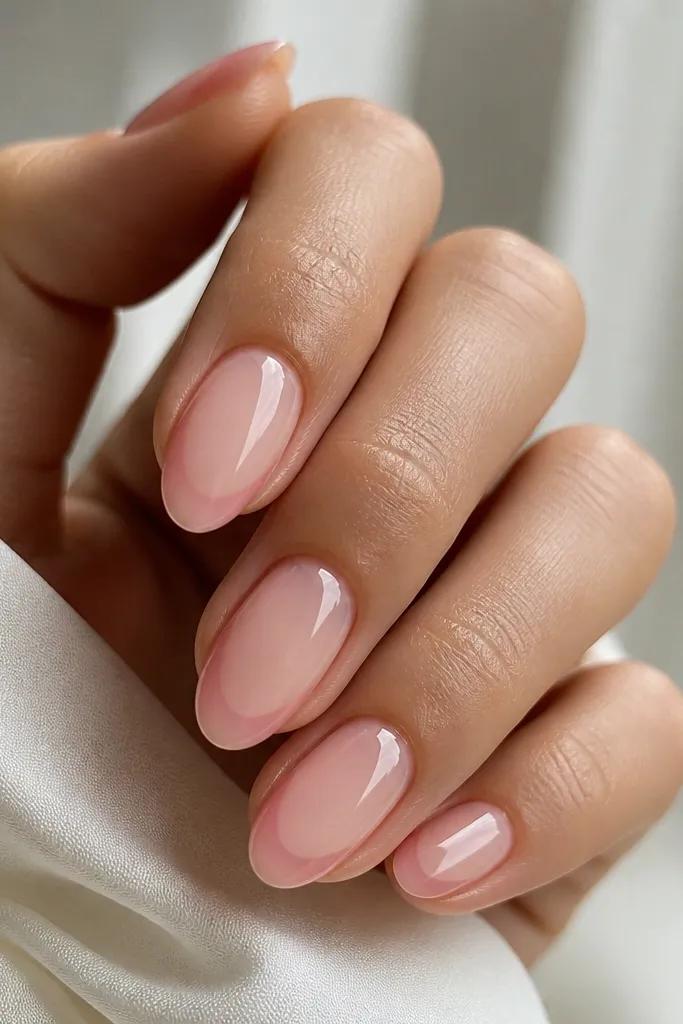 Short almond nails with a sheer pink base. The sides have a soft ombré fade toward the tip, while the center stays lighter and clear-pink, and the finish is glossy.