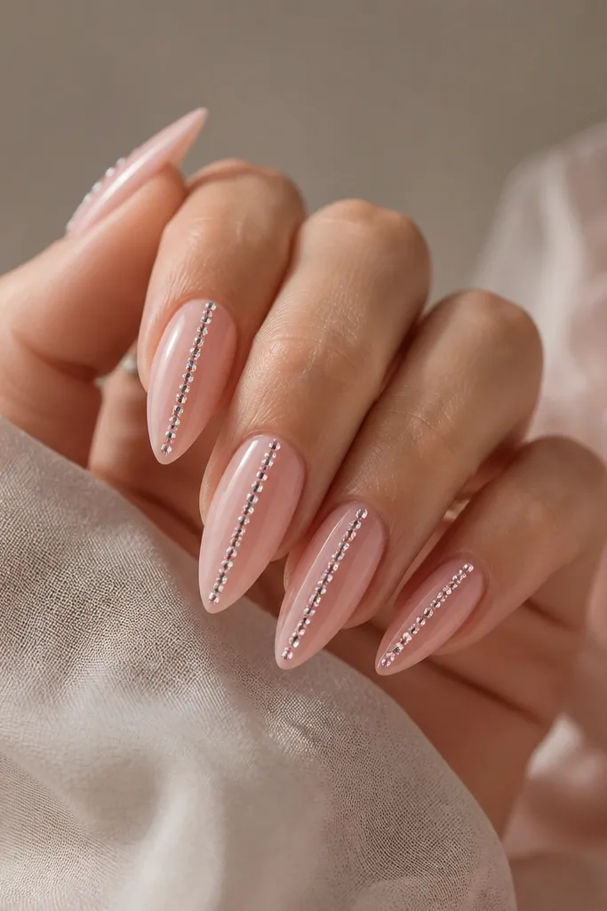 Pink almond nails with a sheer blush base and a single vertical row of tiny micro rhinestones running down the center. The stones are pale pink and clear, and the nails are glossy with a smooth sealed finish.