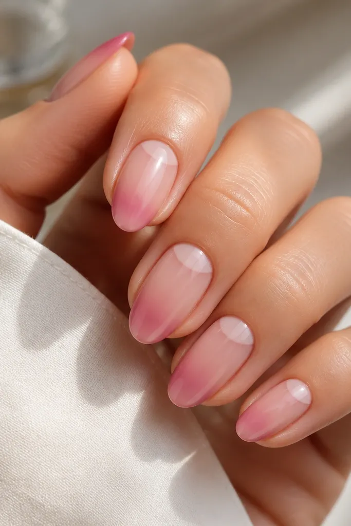 Short almond nails with a sheer nude-pink base. The tip has a pink ombré that fades downward, but there is a clear air gap just below the smile line, creating a crisp separation, and the nails are glossy.