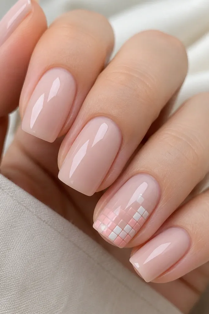 Four nails are sheer nude-pink glossy. One accent nail has tiny pixel-like squares in blush pink and milky white arranged diagonally from the lower left toward the tip, with sharp edges and glossy topcoat.