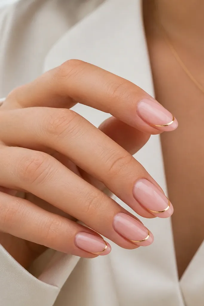Short pink almond nails with a sheer blush base. At the tip, a thin gold strip forms a 'C' curve that follows the smile line, leaving most of the tip in soft pink, and the nails are glossy.