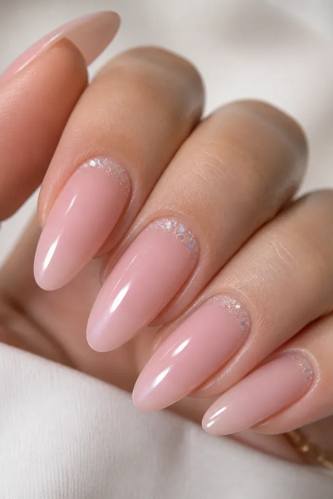 A set of long pink almond acrylic nails. The base is a sheer baby pink that looks like your natural nail tinted. Around the cuticle line there is a thin halo of tiny clear micro-glitter with a few flat crystal shards, and the rest of the nail stays clean and glossy.