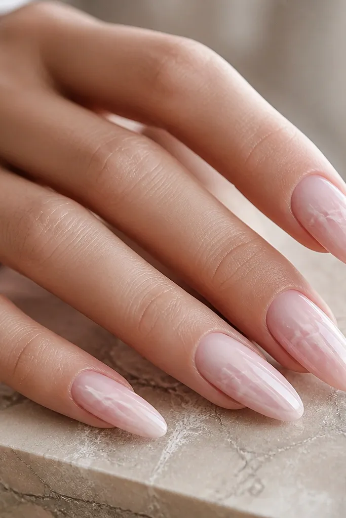 Almond nails with a milky pink base. There are thin marble vein lines in white and pale rose, branching softly across the nail. The cuticle area is matte, while the rest of the nail is glossy, creating a clear finish contrast.