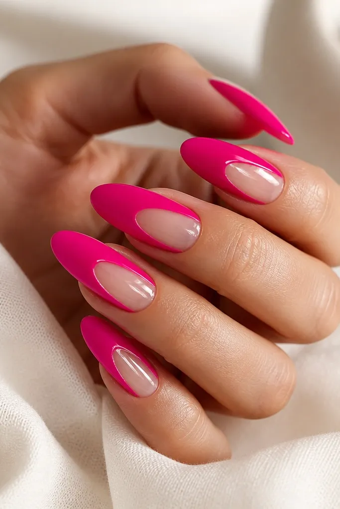 Hot pink acrylic almond nails with a clear gel arc on each side. The arcs run from near the mid-nail toward the tip, leaving a see-through curved window. The rest of the nail is glossy hot pink.