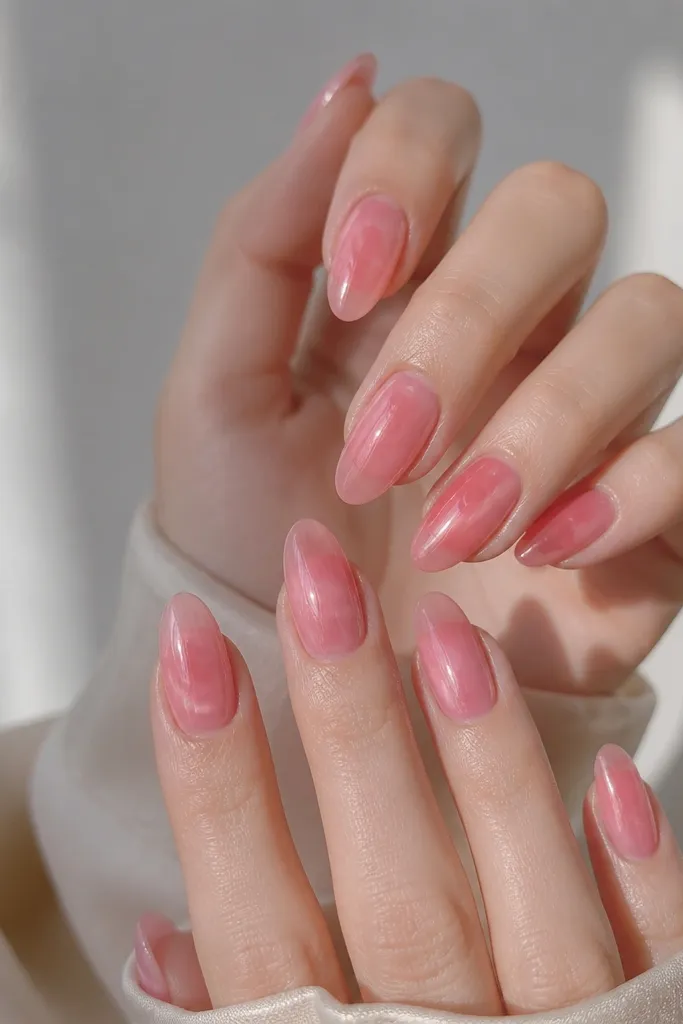 Strawberry pink almond nails with a glossy, jelly-like finish. The color looks slightly translucent, and there are subtle lighter streaks that catch light like glaze. The nails look thickly shiny without looking bulky.