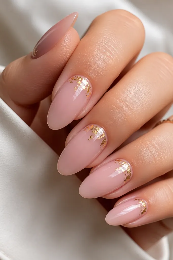 Blush pink almond nails with a soft satin-gloss base. At the cuticle on each nail there are small irregular pieces of gold leaf clustered near the center, leaving some bare pink between pieces. The nails are glossy overall.
