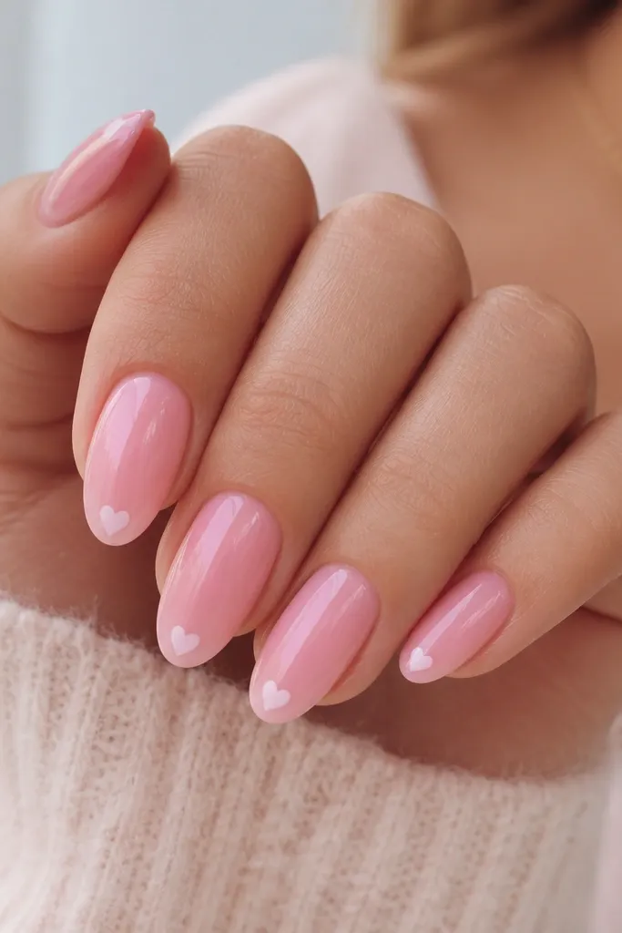 Soft pink almond nails with a glossy finish. Near the very tip on each nail there is a tiny heart in white or pale pink, centered on the free edge. The rest of the nail is plain pink, clean and bright.
