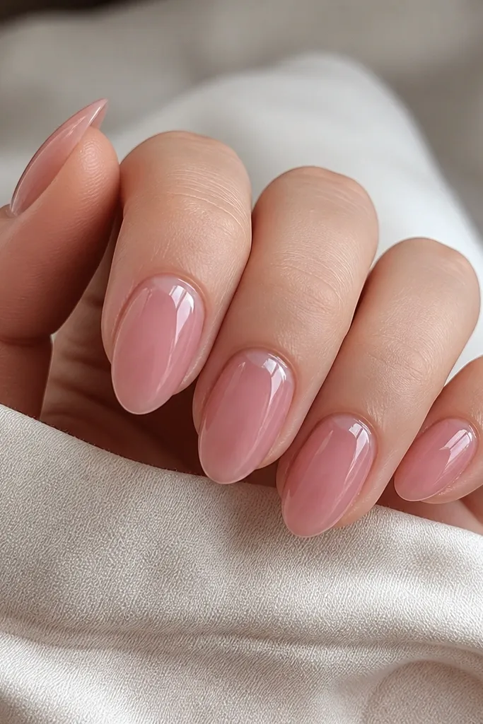 Short-to-medium pink almond nails with a sheer rosy jelly base. A thin, glossy highlight sits right at the cuticle line, and a small reflection from storage lights creates a bright crescent near the base on each nail.