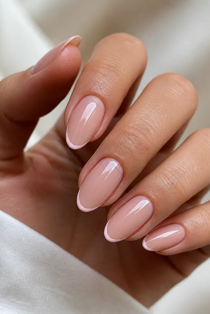 Glossy nude pink almond nails. Each nail has a very thin white-to-pink micro French arc at the tip, and the storage lights reflection forms a bright line across the arc.