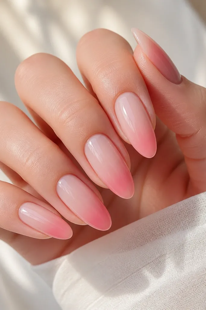 Almond nails with a smooth jelly gradient from sheer nude near the cuticle to a slightly deeper soft pink toward the tip. Under storage lights, the gradient looks luminous and the tip glow is brighter.