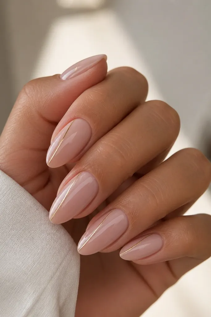 Nude pink almond nails with a glossy base. A single ultra-thin gold line runs down near the left sidewall on each nail, and storage lights create a bright streak along the gold.