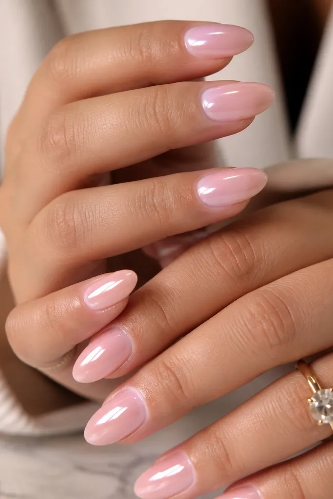 Shiny baby pink almond nails with a soft halo circle around the cuticle area. The halo is slightly brighter than the base, and storage lights show a glowing ring effect.