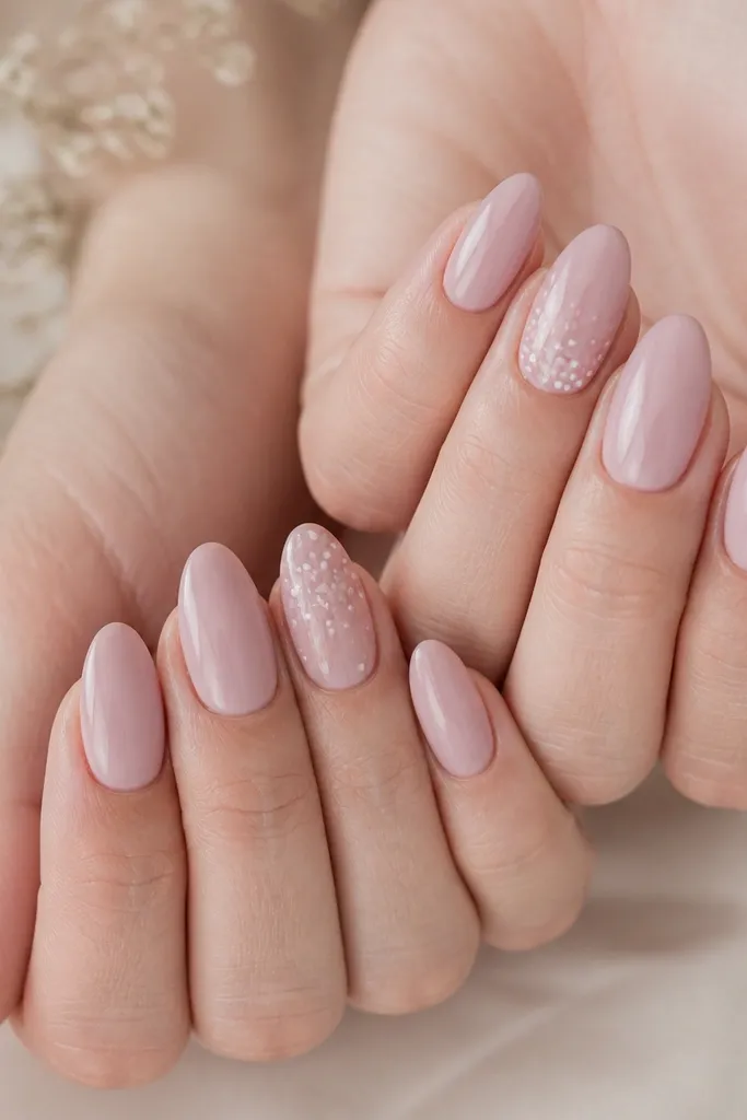 Nude pink almond nails with one accent nail on each hand. The accent nail has tiny micro dots in pale pink and white near the cuticle, and storage lights make the dots sparkle.