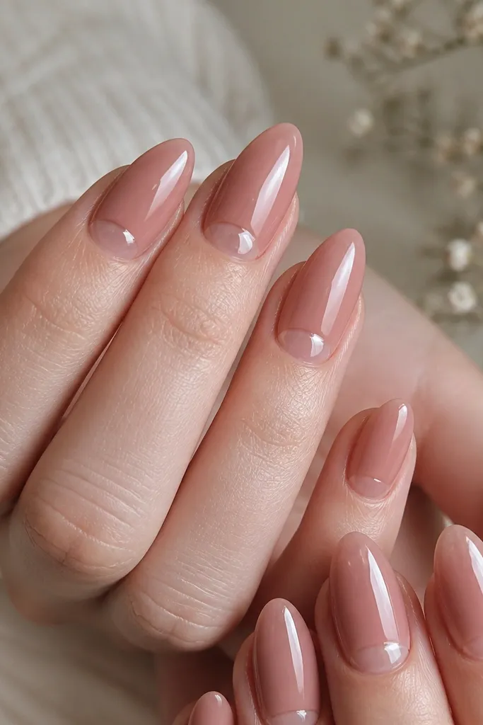 Glossy rose nude almond nails with a clean clear half-moon near the cuticle. Storage lights create a bright reflection across the clear window.
