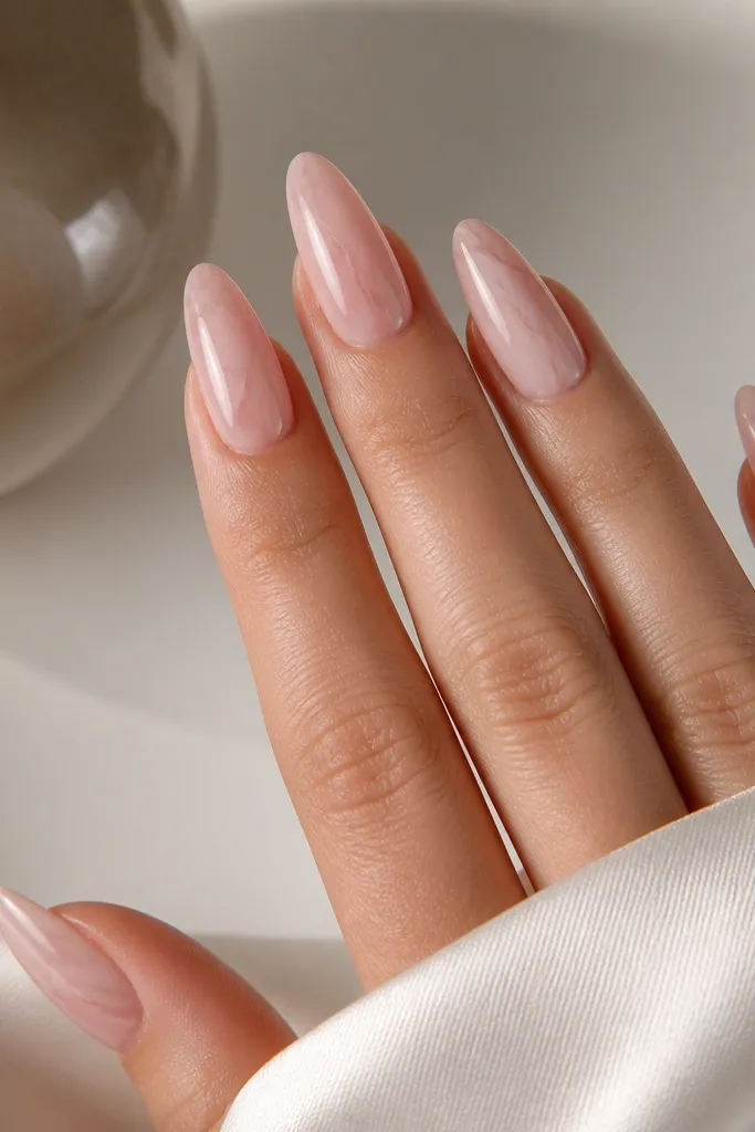 Nude pink almond nails with delicate marble veining. The veins are faint gray-pink, and storage lights make the glossy swirls look dimensional.