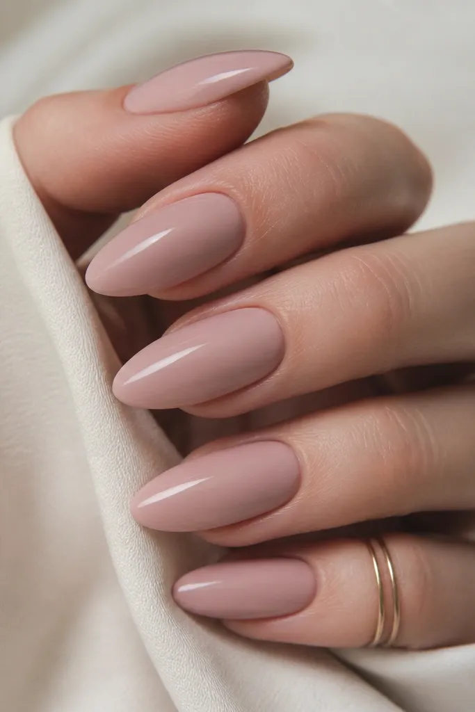 Velvety matte powdery nude pink almond nails. A thin glossy stripe runs along the center or near the cuticle, and storage lights reflect sharply on the glossy stripe.
