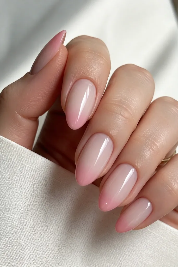 Clear-to-sheer nude almond nails with a soft pink ombré only at the tips. Storage lights make the tip fade glow and the clear base reflects light at the center.