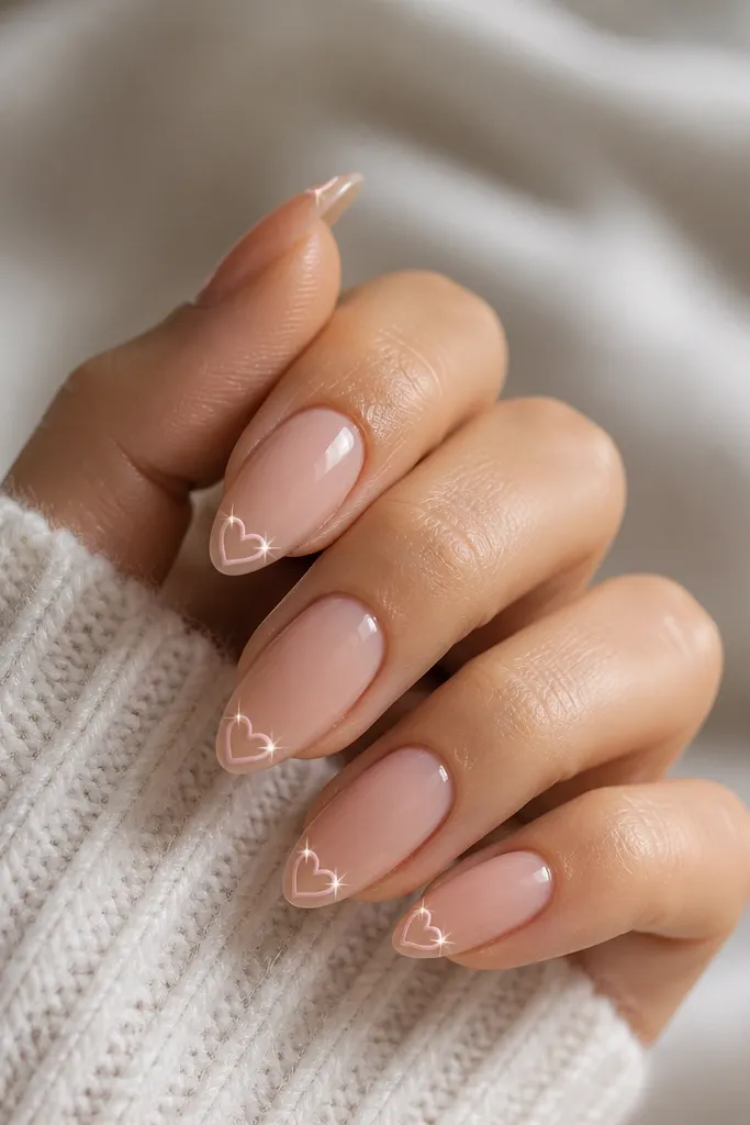 Glossy nude pink almond nails with one tiny outlined heart in pale pink near each tip. Storage lights create a small sparkle point at the heart outline.