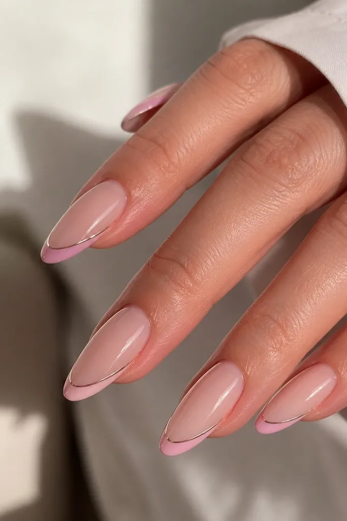 Milk pink almond nails with a sheer nude base. A thin chrome edge runs along the outer tip line, and storage lights create a bright metallic highlight along the edge.